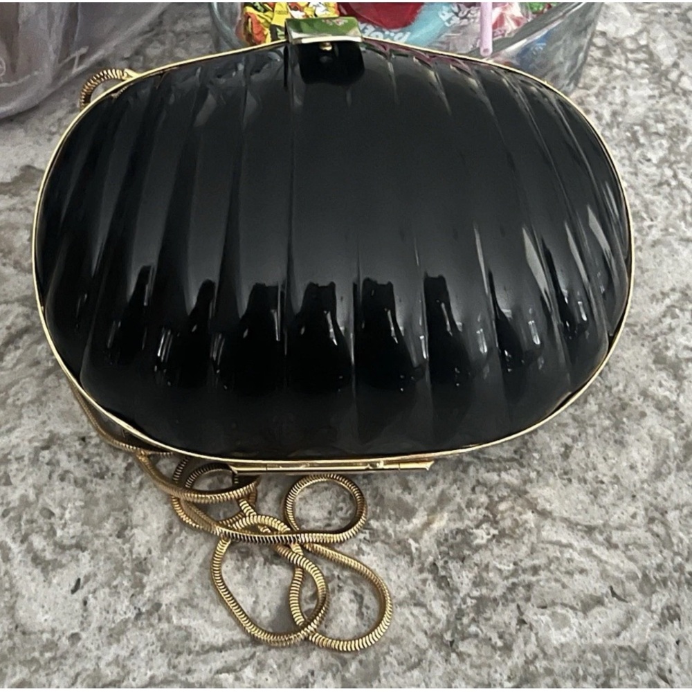 Made in Italy Black Shell Hard Clutch – Gold Chain – Elegant Evening Purse